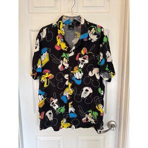 Disney Characters All Over Print Black Short Sleeve Button Down Shirt Large